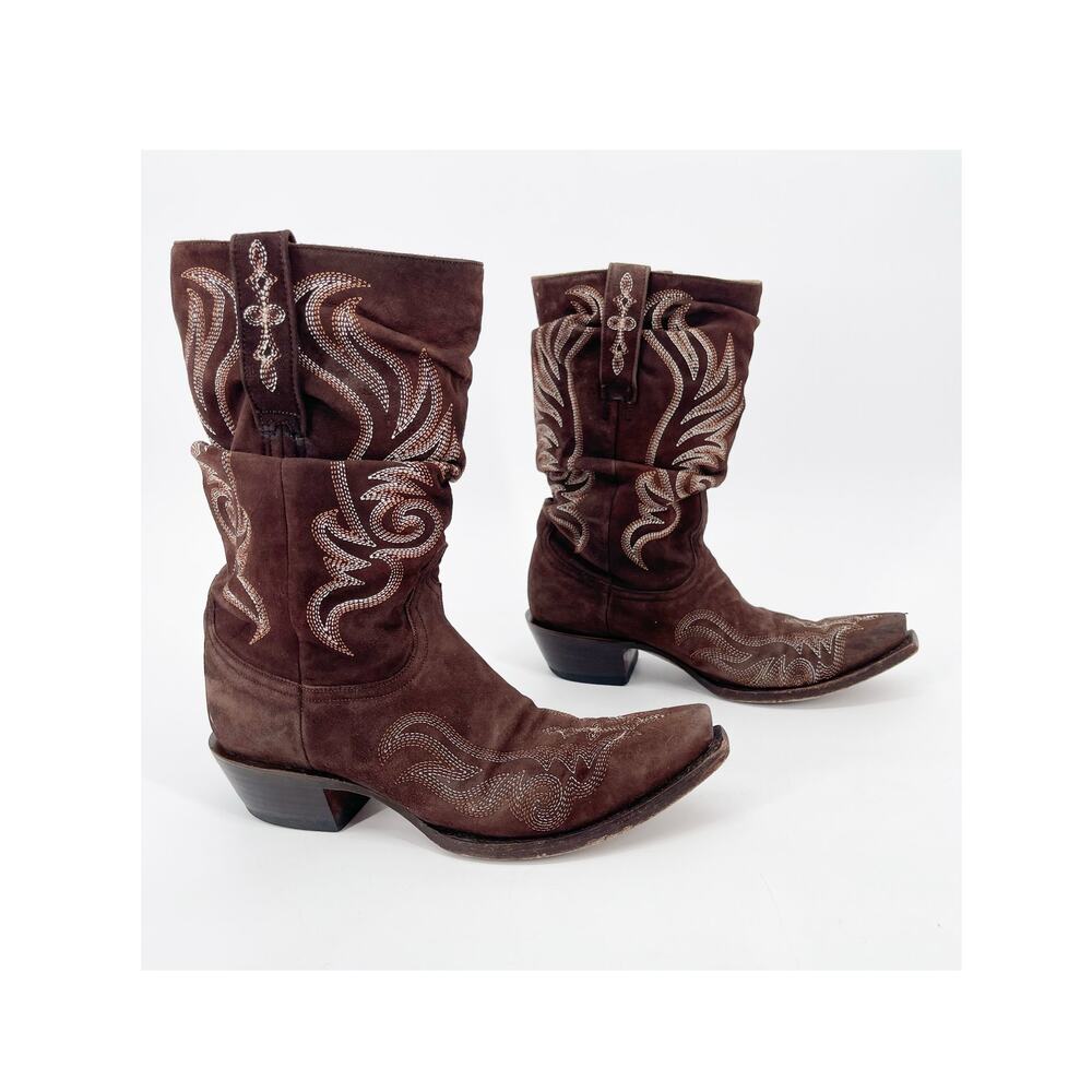 Lucchese Women’s 7 Chocolate Brown Suede Embroidered Slouch Cowgirl Boots